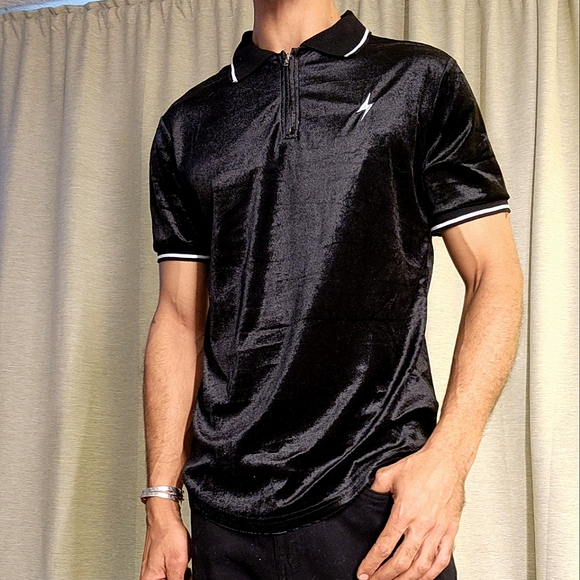Brand new! Bolt Velour Polo t shirt size Medium black - Picture 2 of 4